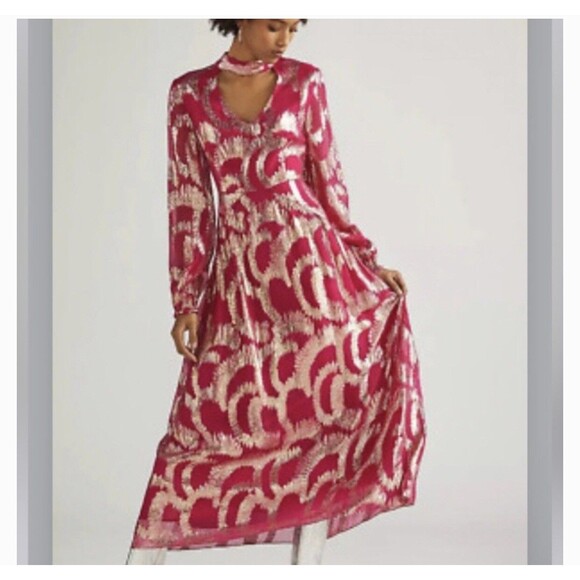 Anthropologie Hemant & Nandita Metallic Maxi Dress Pink & Gold Size 4 NWT $435 - Picture 1 of 13